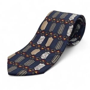 Basic Elements | 100% Silk | Navy Burgundy Mustard Cream Men's Tie | 1990s